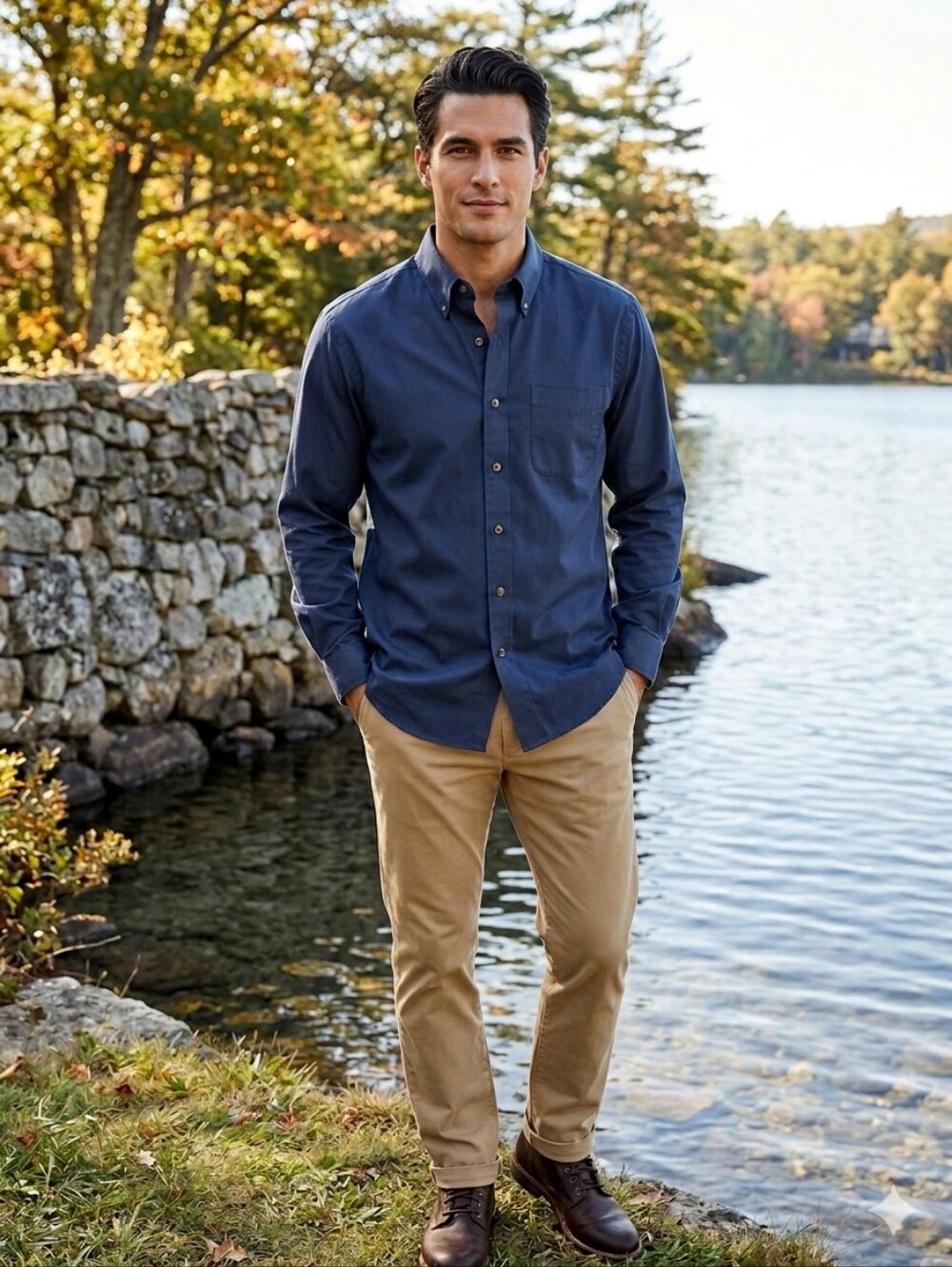 L.L. Bean Men's Button-Down Shirt in Deep Blue. Large-Regular. Wrinkle Free.